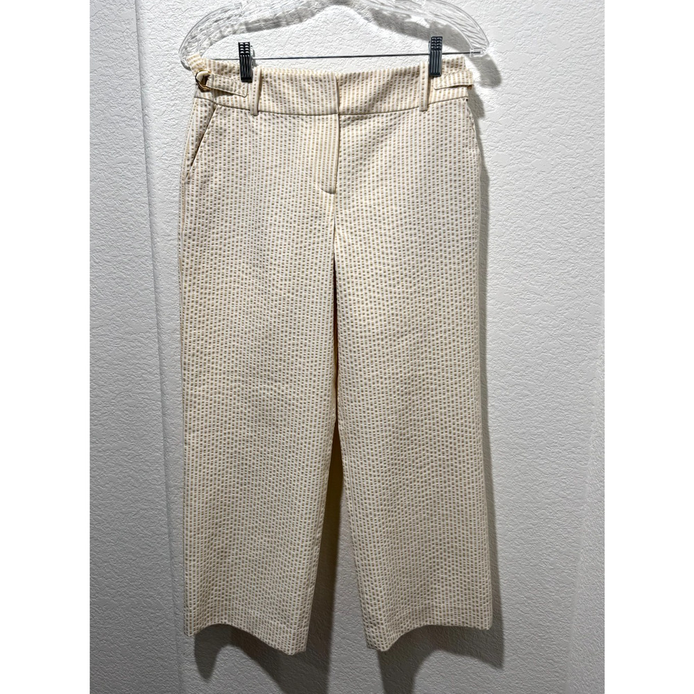 St. John Sport Seersucker Pants White Tan Stripe Sz 6 Vintage Wide Leg Cropped